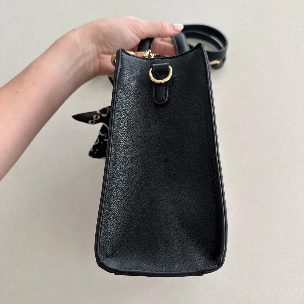 Black Structured Top Handle Crossbody Purse Faux Leather Basic Purse Everyday - Picture 4 of 13
